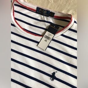 CUSTOM- Polo by Ralph Lauren Navy and White Striped Tee with Red Trim